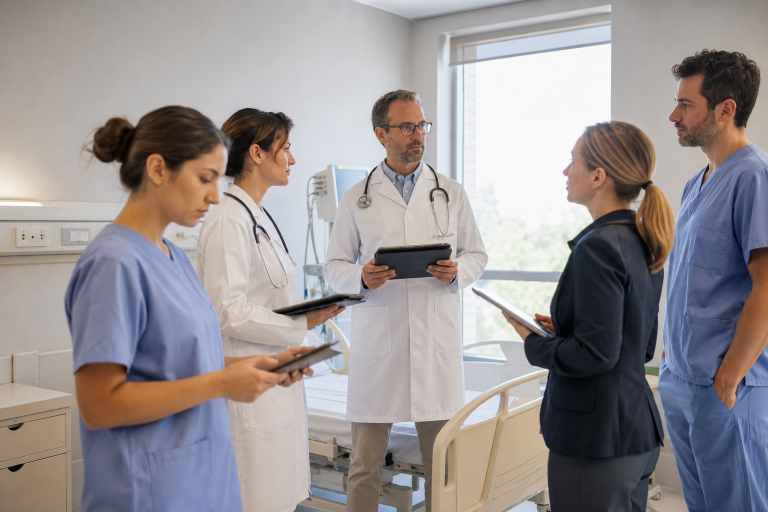 Anvisa publica novo roteiro nacional para inspeções em unidades de internação hospitalar Equipe multiprofissional avalia uma unidade de internação hospitalar com foco na segurança do paciente