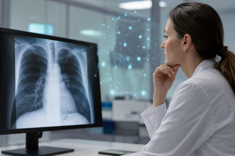 OMS amplia pré-qualificação de dispositivos médicos e inclui IA contra tuberculose Profissional de saúde analisa uma radiografia digital do tórax em sistema de apoio ao rastreamento da tuberculose.